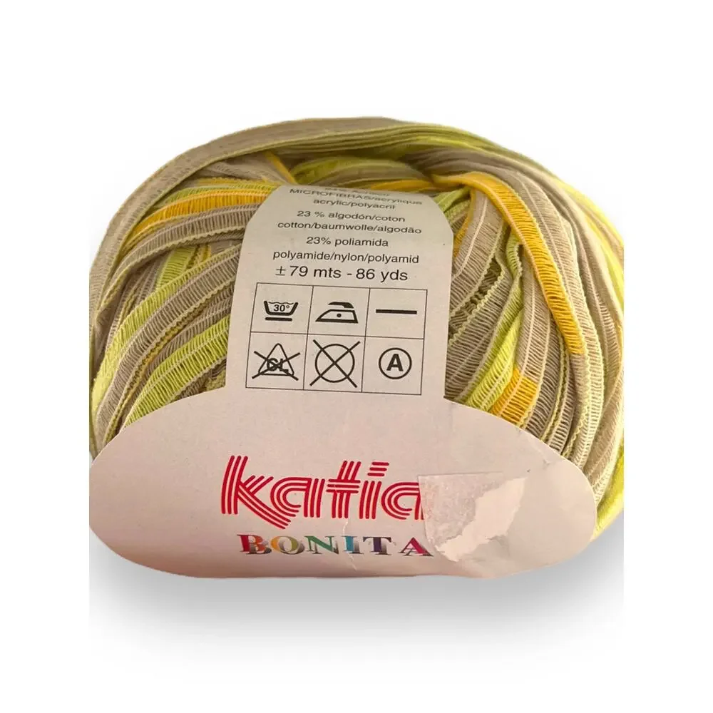 3 Skeins Katia BONITA Ribbon Yarn | Color #12 Yellow, Green, Tan
